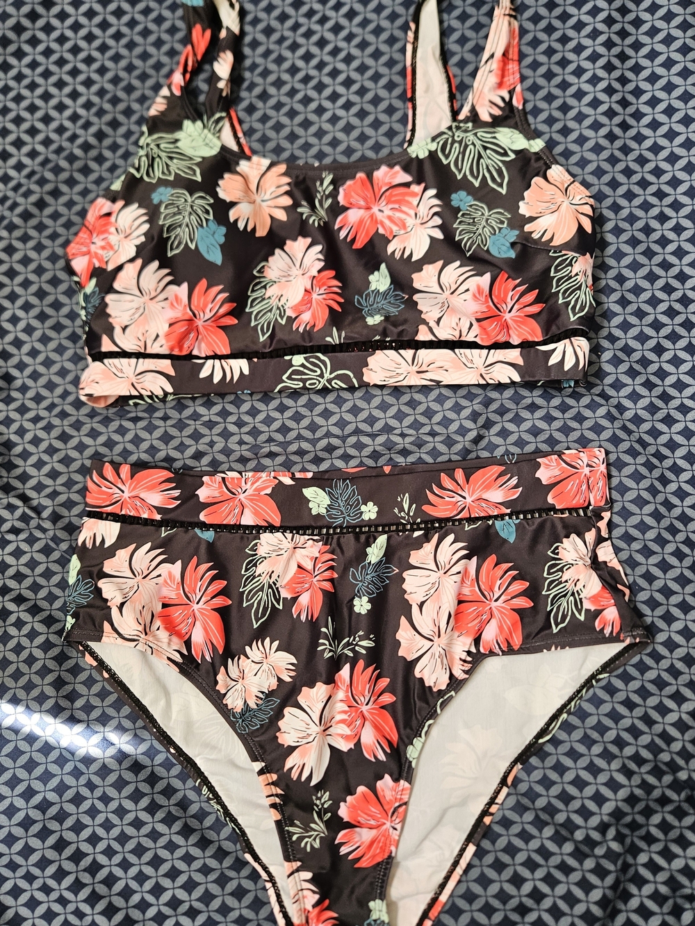 SHEIN Floral Two-Piece Swim Set - Black with Coral & Blue/Green Flowers